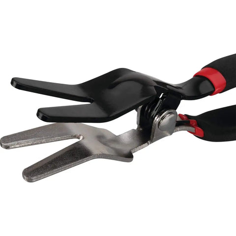 Close-up of heavy-duty steel hose removal pliers with cushion grip handles for fuel, vacuum, and heater hoses, 5/32 to 1/2 inch capacity