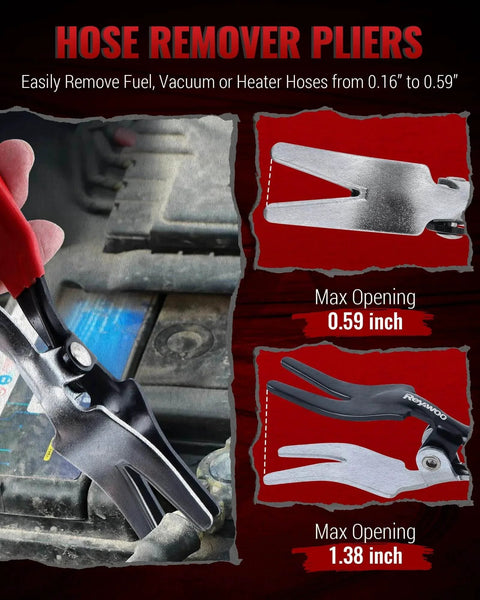 8 Piece Hose Clamp Pliers Set With Hose Pinch Off And Hose Removal Pliers for auto hose removal shown with specifications