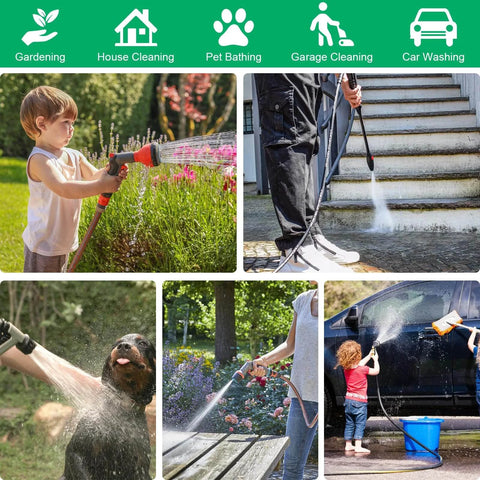 Collage of garden hose quick connect fittings used for gardening, house cleaning, pet bathing, garage cleaning, and car washing.