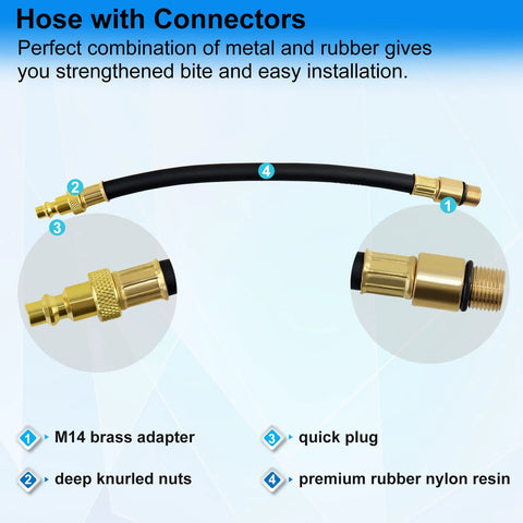 JoyFans cylinder leak-down tester kit hose with brass M14 adapter, deep knurled nuts, quick plug