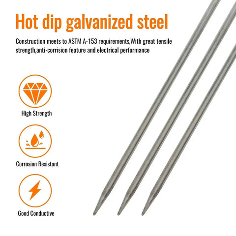 Three hot dip galvanized steel rods showing high strength, corrosion resistance, and conductivity, per ASTM A153.