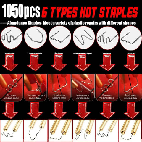Hot Stapler Plastic Repair Welder Kit For Car Bumpers And Cracked Plastic Parts showing 6 types of staples used in the kit