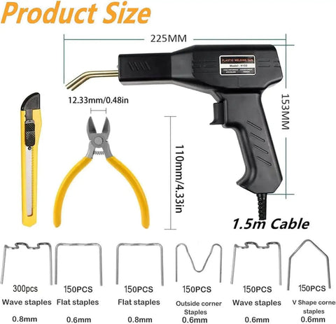 Hot Stapler Plastic Repair Welder Kit showing ergonomic handle, 1.5m cable, plier, utility knife, and 6 types of staples.