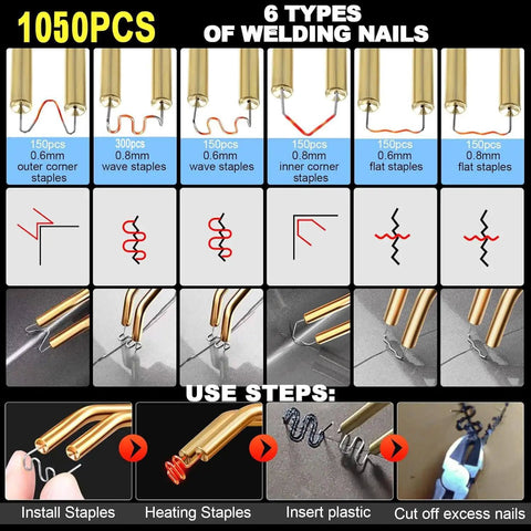 Hot Stapler Plastic Repair Welder Kit for Car Bumpers and Cracked Plastic Parts with 6 staple types, ergonomic use steps shown.