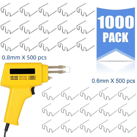 Hot Staples Welding Wire Kit For Plastic Repairs, yellow tool with 1000 pieces in 0.8 mm and 0.6 mm wave shape, tungsten steel