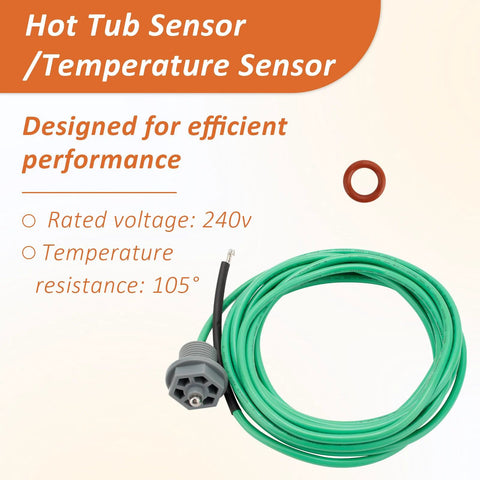Hot tub temperature sensor with green coiled cable and gray connector, includes red O-ring