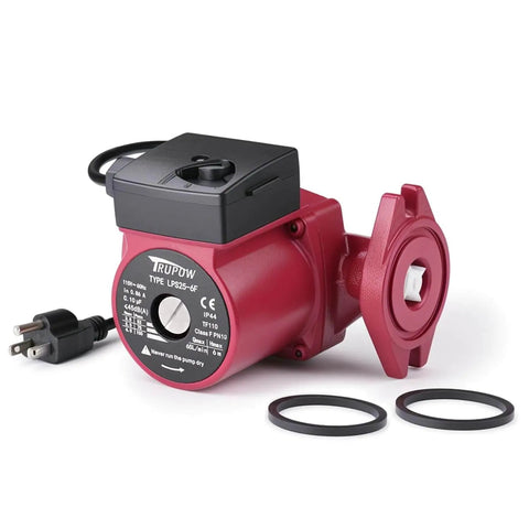 Front view of red 1 Inch Flange Connection Hot Water Circulation Pump for Home Water Heater System with Three Speed 115V High Efficiency Inline Circulator