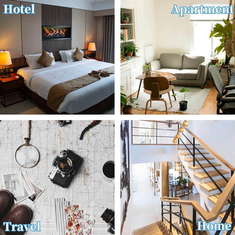 Collage of a hotel room, apartment living room, travel items, and a home staircase for Door Stop Alarm use in diverse settings.