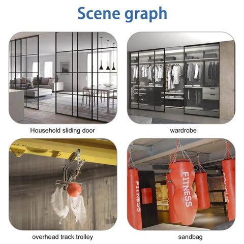Scene graph showing a household sliding door, wardrobe, overhead track trolley, and sandbag setup.