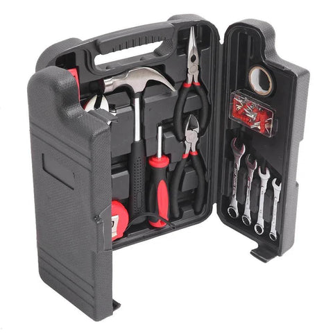136 Piece Tool Set General Household Hand Tool Kit with Plastic Toolbox Storage Case open showing pliers, hammer, wrenches, and screwdrivers