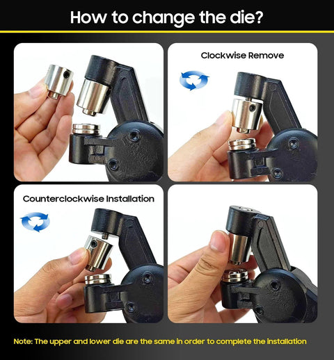 Instructional image showing steps to change die, with clockwise removal and counterclockwise installation of die component.