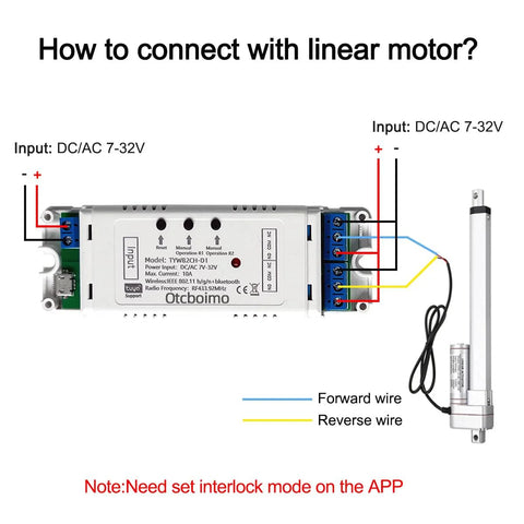 Otcboimo two-channel WiFi actuator controller for linear actuator, DC12–24V input, Tuya smart relay with terminal block