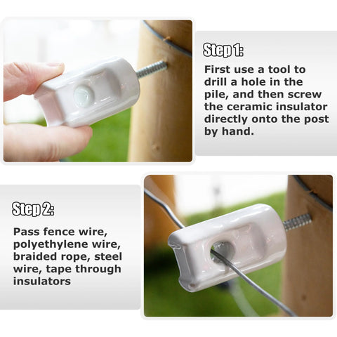 Ceramic lag screw electric fence insulator on a wood post with wire; 25-pack