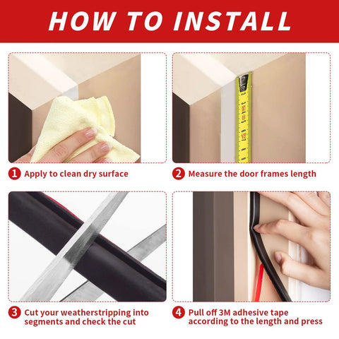 Door weather stripping installation guide: 50 ft D-shaped rubber seal, black, self-adhesive backing with four steps.