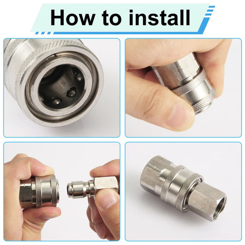 Pressure washer quick-connect adapters, 8pcs, stainless steel, 1/4in; collage of close-up, side and assembled views