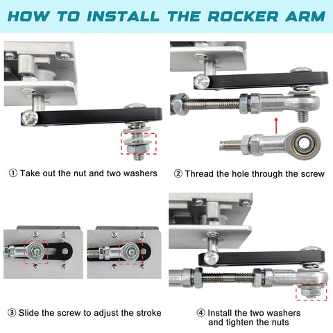 Rocker arm installation guide collage for 24V actuator; metal lever, brackets, threaded rod, bolts, nuts and washers.