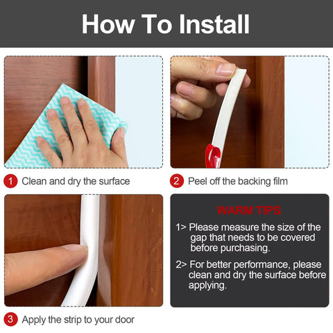 Door weather stripping kit by Amazon, 19.7ft silicone self-adhesive strip; installation steps shown.