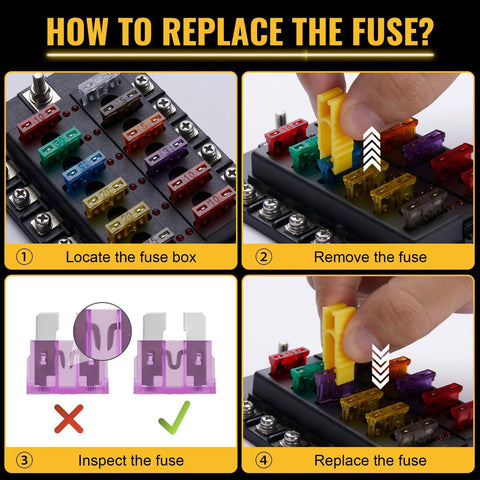 Steps to replace fuses using 100 Piece Standard Auto Blade Fuse Kit With 3A 5A Seven Point Five Amp 10A 15A 20A 25A 30A 35A Color Coded Fuses
