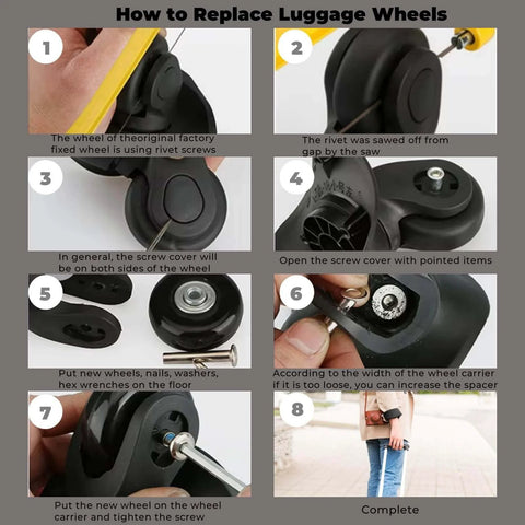 Step-by-step guide on how to replace luggage wheels using Set of 8 Luggage Suitcase Replacement Wheels, 50 x 18mm PU Caster Wheels Bearings Repair Kits.