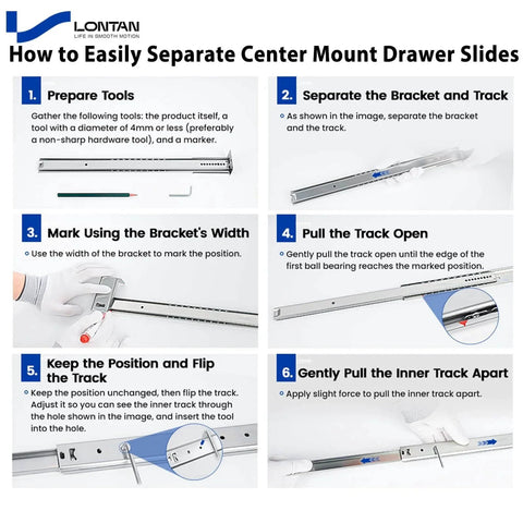 Step-by-step guide on separating Center Mount Drawer Slides Bottom Mount for Cabinet and Dresser 14 Inch Heavy Duty Drawer Rails 9.74" Extension Glide Track.
