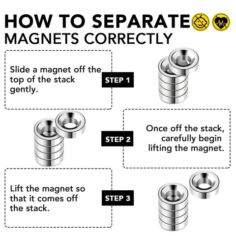Diagram showing how to separate strong neodymium disc magnets with hole for cabinets and crafts in 0.32, 0.47, 0.59 inch sizes.