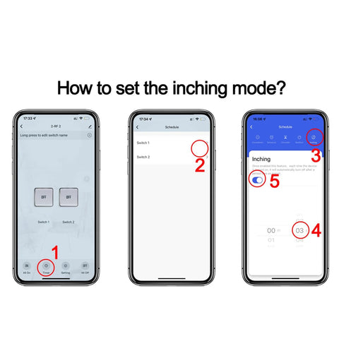 Otcboimo WiFi actuator controller app guide showing three iPhone screens with inching mode setup in Tuya app.