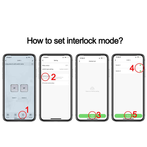 Otcboimo WiFi electric linear actuator controller setup guide on four iPhone screens illustrating interlock mode steps.