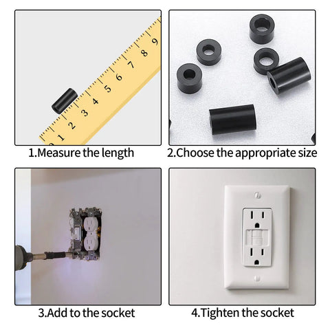 320 Pieces Black Nylon Electrical Outlet Spacer Kit Round Non Threaded Plastic Spacers For Switches And Receptacles 14 Size Assortment With Durable Heat Oil And Corrosion Resistant Construction Must Have Pro Grade For DIY Projects displayed with usage steps and measurement guide.