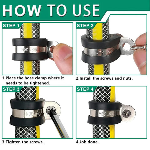 Cable clamp kit instructional diagram showing tightening screws to fit stainless steel rubber-coated clamps around a hose.
