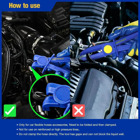Split image showing correct and incorrect use of 6 Piece Hose Clamp Pliers Set With Straight And 90 Degree Angled Jaws for auto hoses.