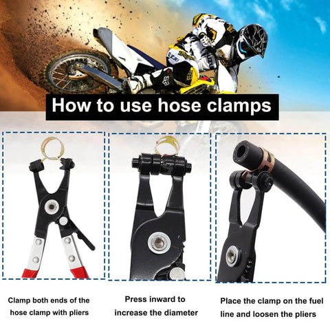 How to use hose clamps with pliers, motorcycle background, demonstrating clamping and adjusting process for hose fittings.