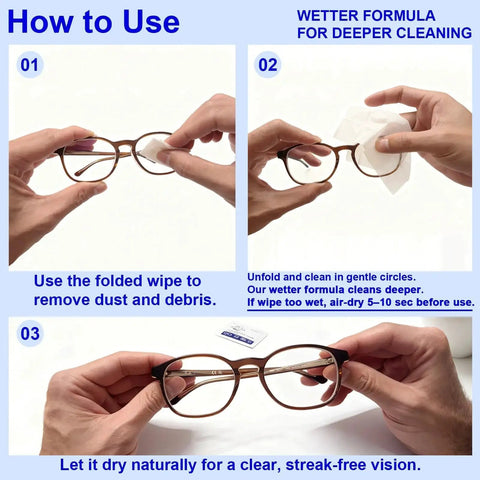 Instructions on using Individually Wrapped Microfiber Lens Wipes For Glasses Sunglasses And Cameras, showing cleaning steps.