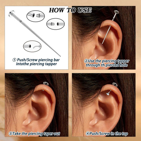 Guide to using Professional Piercing Taper Insertion Tool Set For Flat Back Earrings With Stainless Steel Threadless Pins 14G 16G 18G 20G.