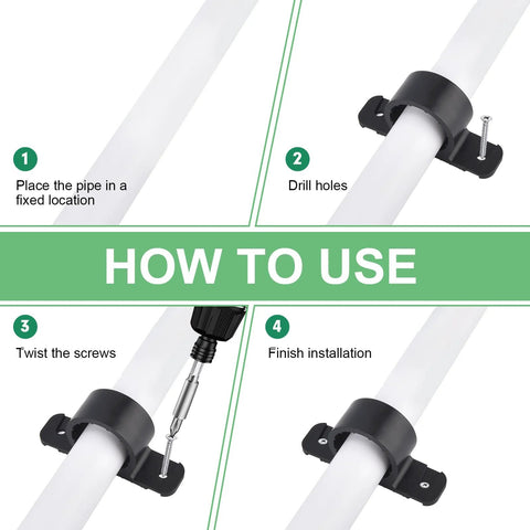 Tavonuxt 1/2 in pipe support clamps installed on white pipes; black mounting brackets with screws