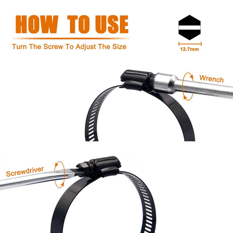 2 Pcs 3 Inch Stainless Steel Adjustable Worm Gear Hose Clamps 52-76mm Range Corrosion Resistant Fuel Line Clamp For Plumbing Automotive And Mechanical Applications Grade 304 Stainless Steel Construction For Superior Corrosion Resistance Black, shown with screwdriver and wrench for adjustment.