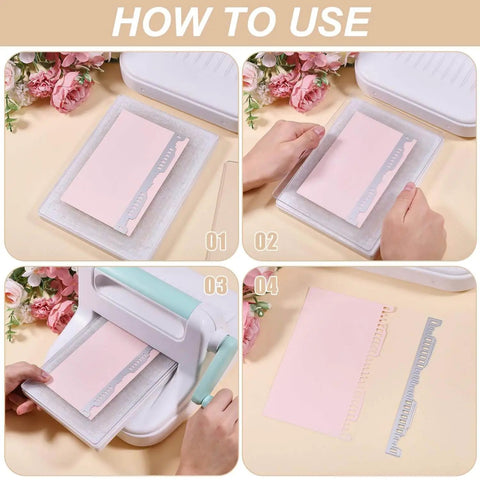 Step-by-step use of Vintage Torn Edge Label Cutting Dies Set for Scrapbooking with embossing machine and pink paper.
