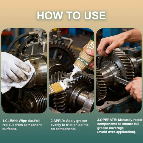 Application guide for White Lithium Grease for Car Door,Bearings & Gears Lubricant Grease in three steps: clean, apply, operate.
