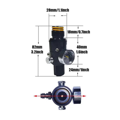 Dimensions of HPA Regulator Valve For Paintball And Airsoft Gear PCP CO2 Nitrogen Tanks 4500psi Inlet With 800psi 1800psi 2200psi Outputs 800psi M18x1.5 Thread Double O Rings Gauge And Fill Nipple On Same Axis Lightweight And Easy To Install