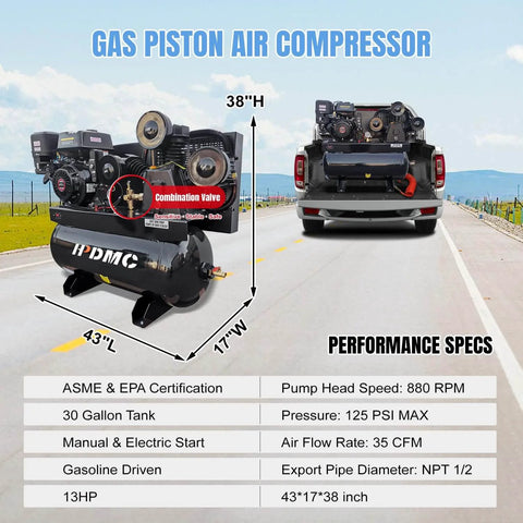 HPDMC 13HP Gas Powered Air Compressor, 3-Cylinder, 30 Gallon Horizontal Tank, Piston Pump Air Compressed System (125 PSI @ 44 CFM) on a road beside a truck, with specifications displayed.