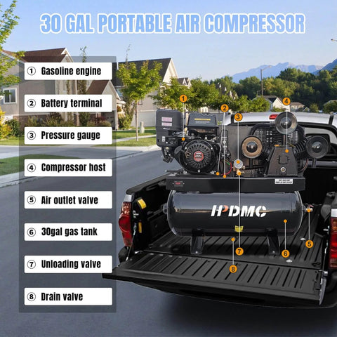 HPDMC 13HP Gas Powered Air Compressor, 3-Cylinder, 30 Gallon Horizontal Tank, in truck bed for mobile service use