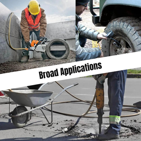HPDMC 13HP Gas Powered Air Compressor in use for construction, tire inflation, and roadwork showing its broad applications