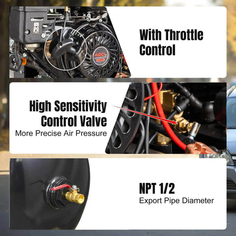 Close-up of HPDMC 13HP Gas Powered Air Compressor features, showing throttle control, sensitivity valve, NPT 1/2 export pipe.