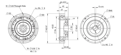 HS-32 Strain Wave Gear Reducer, 142mm Harmonic Drive Gear Ratio 50:1 technical drawing and dimensions.