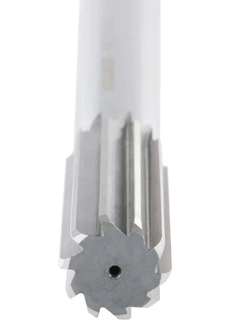 Close-up of Seven Eighth Inch HSS Chucking Reamer With Straight Shank And Straight Flute Length Two And Five Eighths Inch Overall Length Ten Inches Right Hand Cut Eight Flutes M2 High Speed Steel Model 50150245