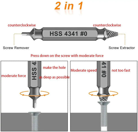 Diagram showing 2-in-1 HSS 4341# screw extractor with instructions for removing damaged screws, part of the Six Piece Screw Extractor Set For Drills To Remove Damaged Stripped Screws Bolts And Rusty Fasteners From 3 To 12 Millimeter With Reverse Action And Durable Alloy Bits For Easy Removal A Practical Gift For Men Husbands Dads Valentines Day