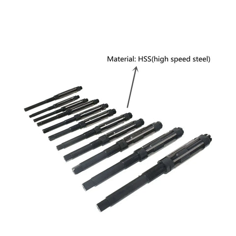 Durable Adjustable High Speed Steel Hand Reamer Set For Drilling Machines 11 Pieces H4 Through H14 Size Range 0.46875 Inch To 1.5 Inch