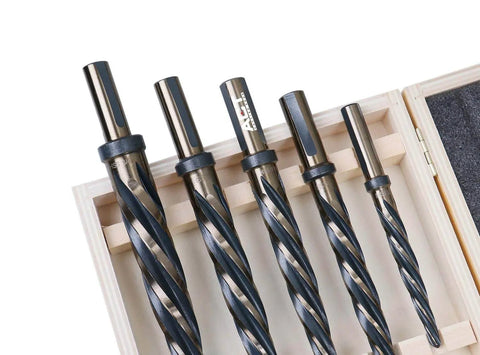 Pro Grade HSS Car Reamer Set With Spiral Flute, 5 Piece, Gold Oxide Finish, displayed in wooden case, straight shank.