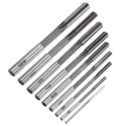 Chucking Reamer Set for Lathe Machine 2mm 3mm 4mm 5mm 6mm 7mm 8mm 9mm 10mm High Speed Steel HSS Straight Flute Reamers with H8 Tolerance 9 Piece Set for Precision Milling and Drilling displayed in an ascending order layout.