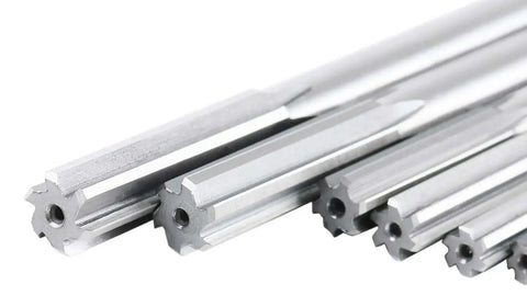 Close-up of HSS chucking reamers from the HSS Chucking Reamer Set 1 To 13 Mm By Half Millimeter In A Fitted Case 25 Piece Straight Shank Straight Flute Right Hand Cut
