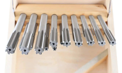 HSS Chucking Reamer Set 1 To 13 Mm By Half Millimeter In A Fitted Case 25 Piece Straight Shank Straight Flute Right Hand Cut Includes Wooden Case Model 5500 SB00 Accusize Industrial Tools displayed in wooden holder